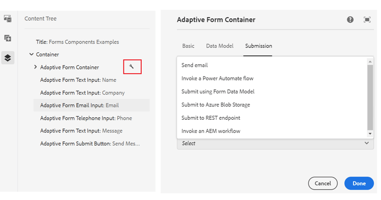 Clique no ícone de chave inglesa para abrir a caixa de diálogo Contêiner de formulário adaptável e configurar a ação Enviar para um formulário adaptável