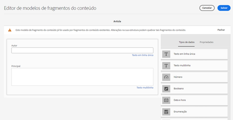 Editor de modelos de fragmentos do conteúdo