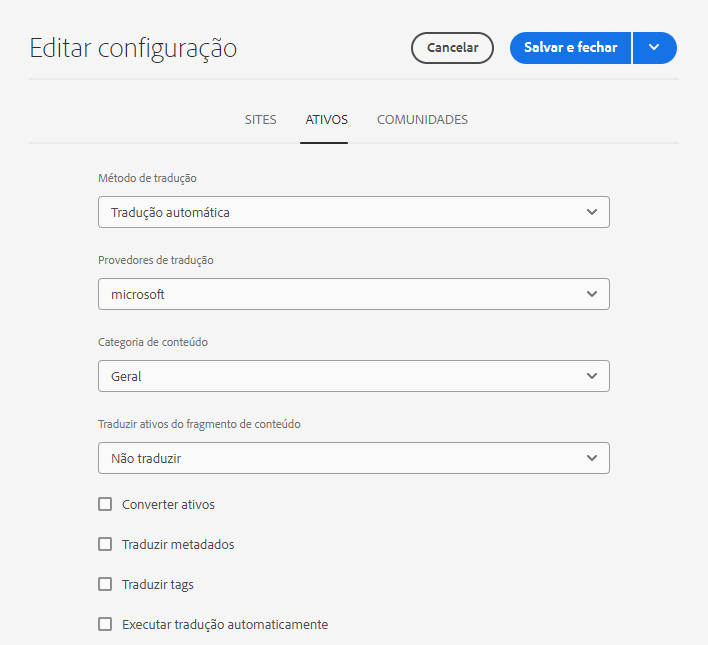 Propriedades de configuração de tradução