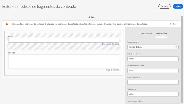 Detalhe do Editor de modelo de fragmento de conteúdo