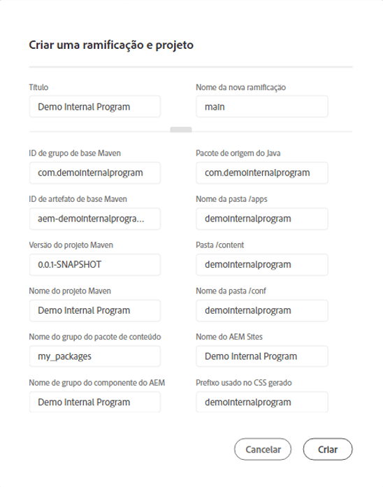 Parâmetros adicionais do projeto