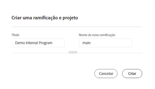 Criar ramificação e projeto