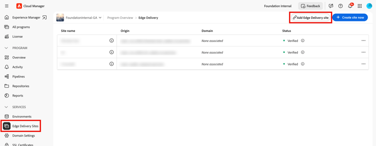 Adicionar site do Edge Delivery pelo botão Sites do Edge Delivery