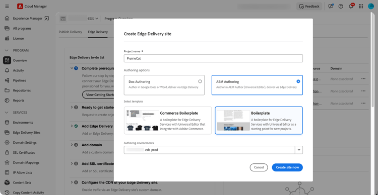 Caixa de diálogo Criar site do Edge Delivery com Criação do AEM selecionada.