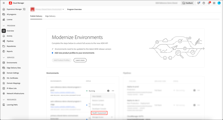 Selecionando a Avaliação de Integridade no menu de reticências do cartão Ambientes