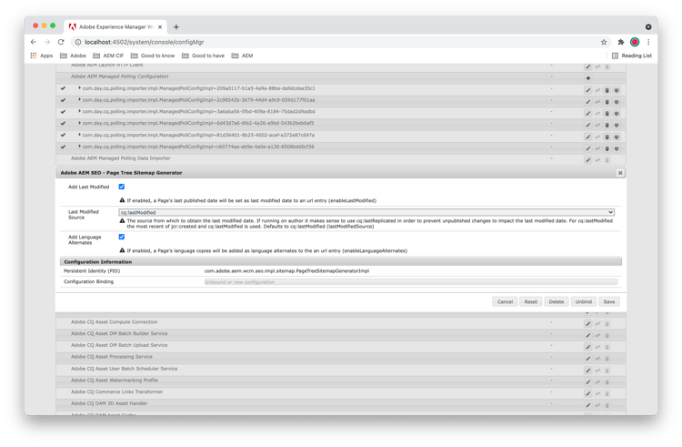 Configuração do Adobe AEM SEO - Gerador de mapas do site da árvore de páginas