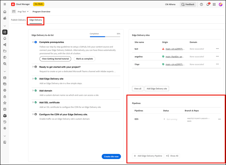 Widget de pipeline do Edge Delivery mostrando o nome do pipeline, o status, o repositório e a ramificação