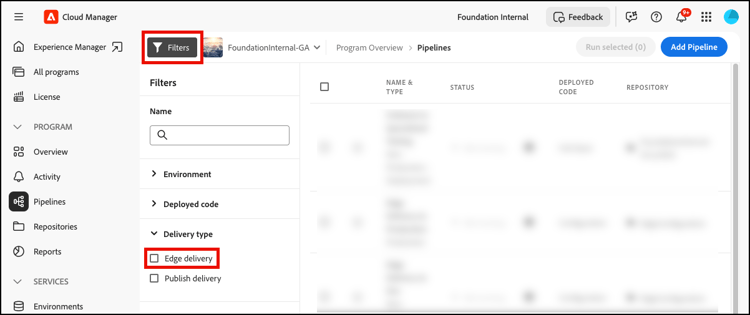 Painel de filtros mostrando o novo tipo de entrega do Edge e de publicação