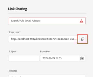 Opção Copiar URL ao compartilhar um ativo como um link