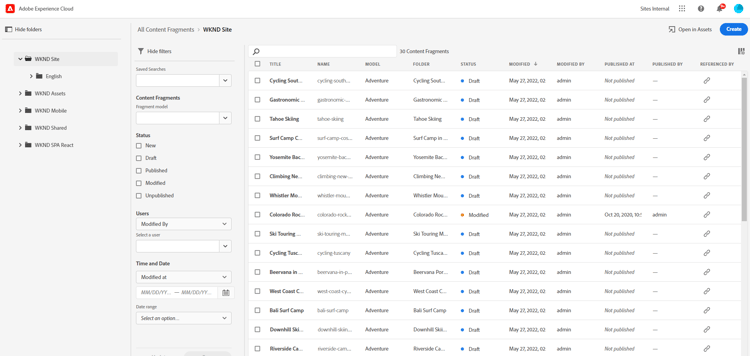 Console de fragmentos de conteúdo