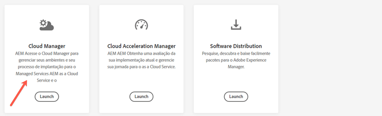 Quatro áreas do Cloud Manager — Brand Portal, Cloud Manager, Cloud Acceleration Manager e Distribuição de Software — cada uma mostrando seu próprio botão do Launch.