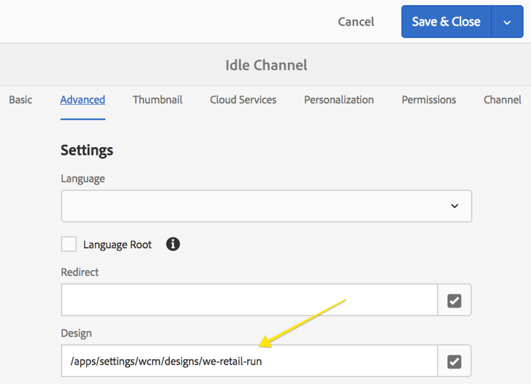 Configuração de design /apps/settings/wcm/designs/we-retail-run