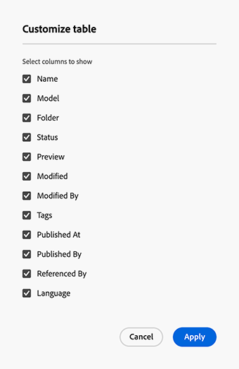 Console de Fragmentos de conteúdo - configuração de coluna