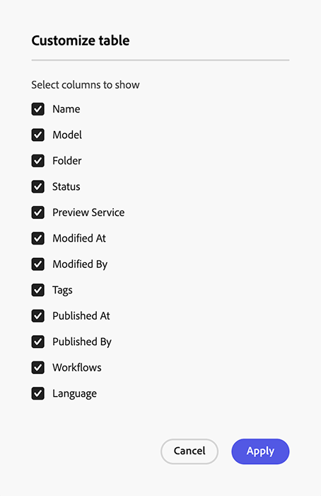 Console de Fragmentos de conteúdo - configuração de coluna