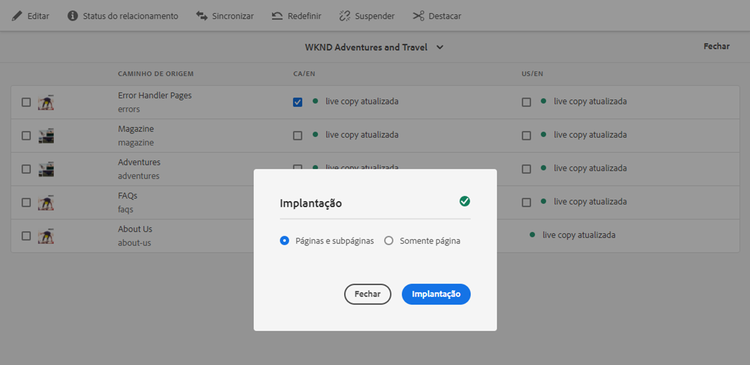 Páginas de implantação com ou sem subpáginas