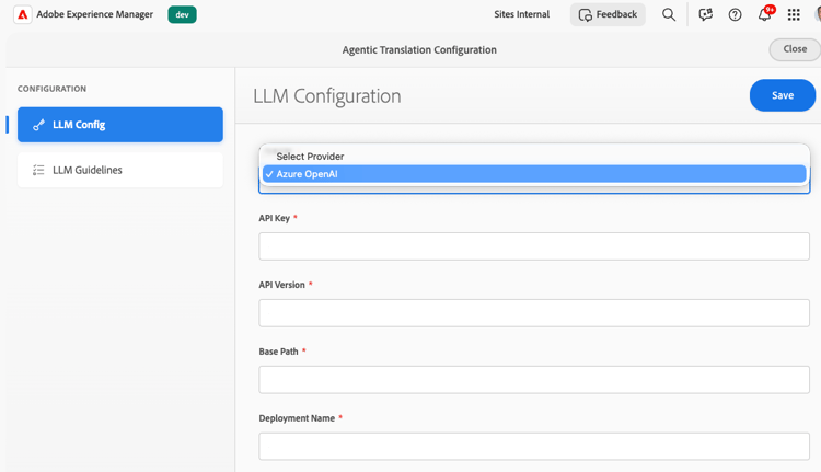 Tela Configuração de Tradução Agencial com a guia Configuração do LLM e os campos OpenAI do Azure.