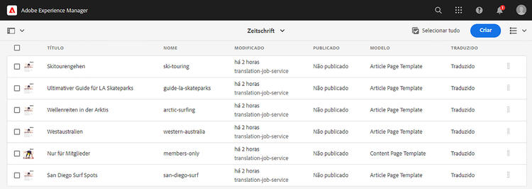 Status da tradução na exibição de lista