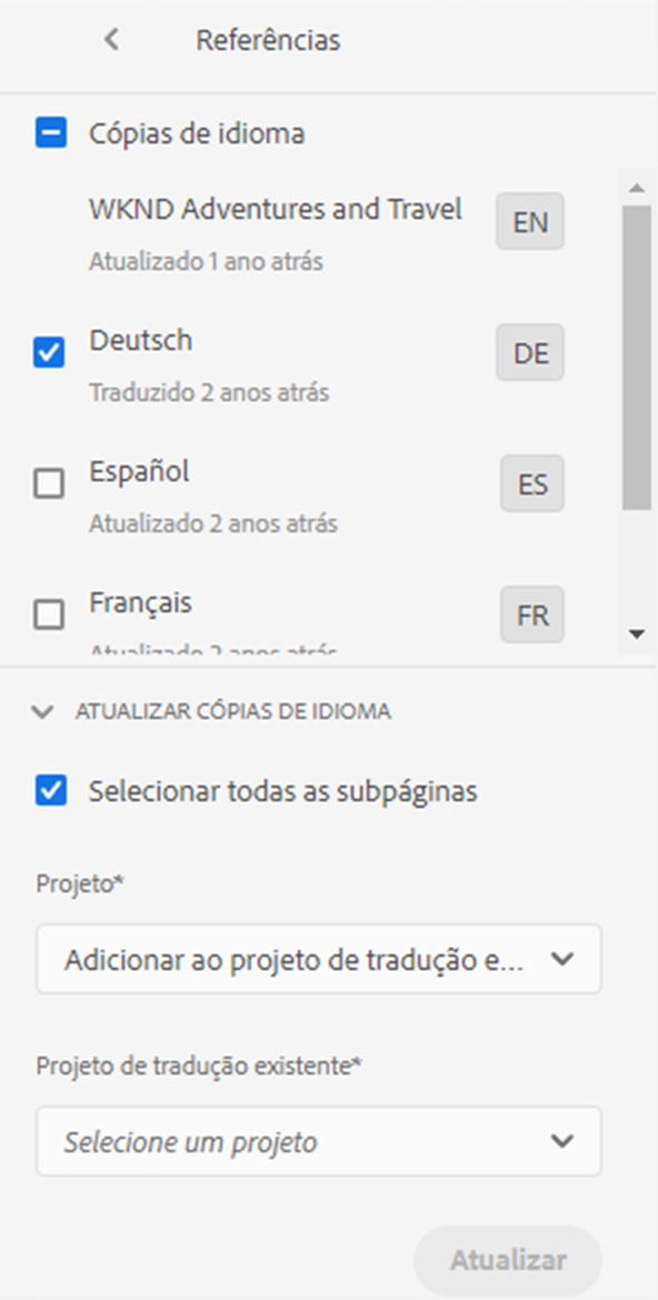 Atualizar cópias de idioma no painel de Referências