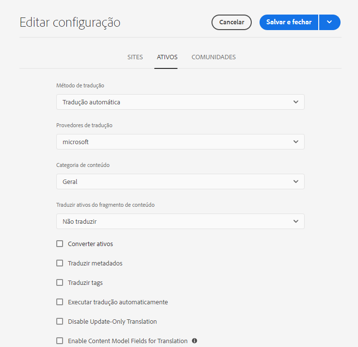 Configuração de tradução para sites