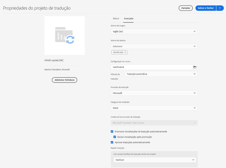 Propriedades do projeto de tradução