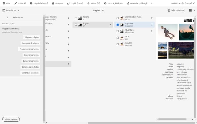 Console Lançamento — Gerenciar conteúdo