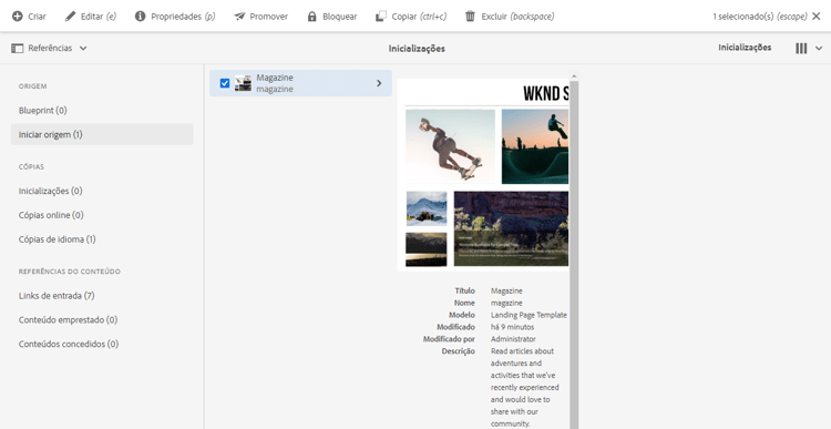Console Sites — Origem de lançamento