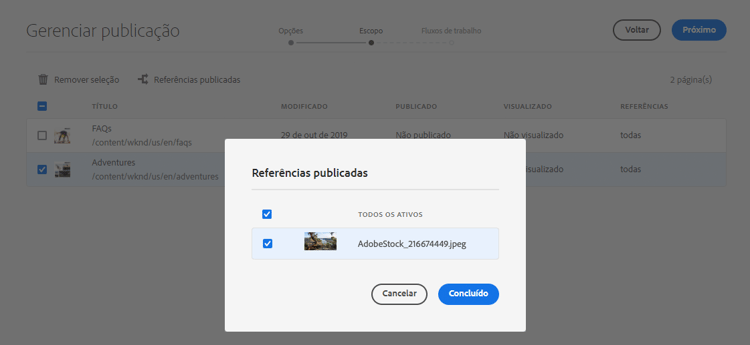 Gerenciar opções de publicação