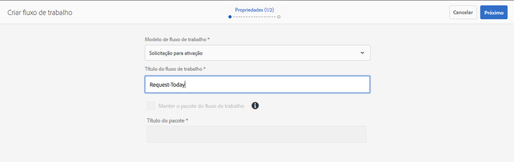 Especificação das propriedades do fluxo de trabalho