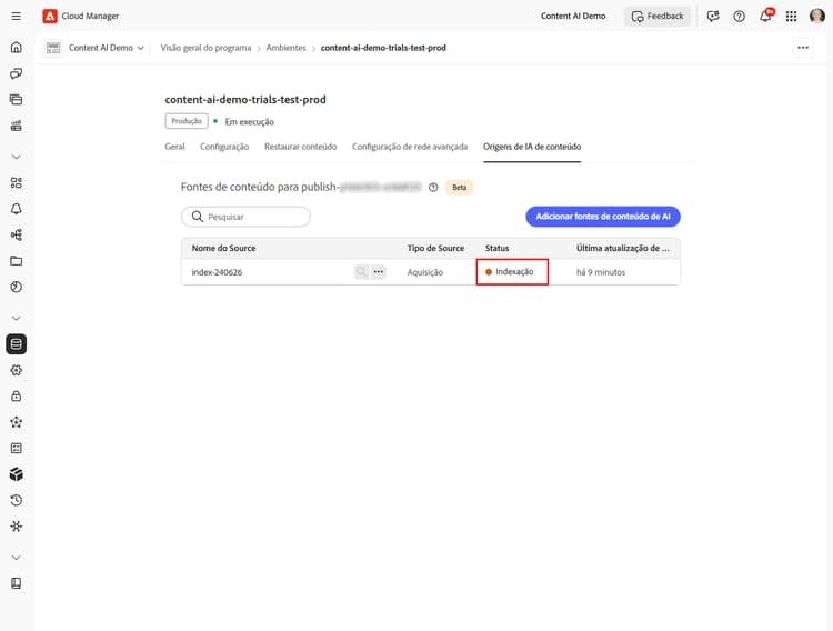 Lista de fontes de conteúdo exibindo a nova fonte criada no status de indexação