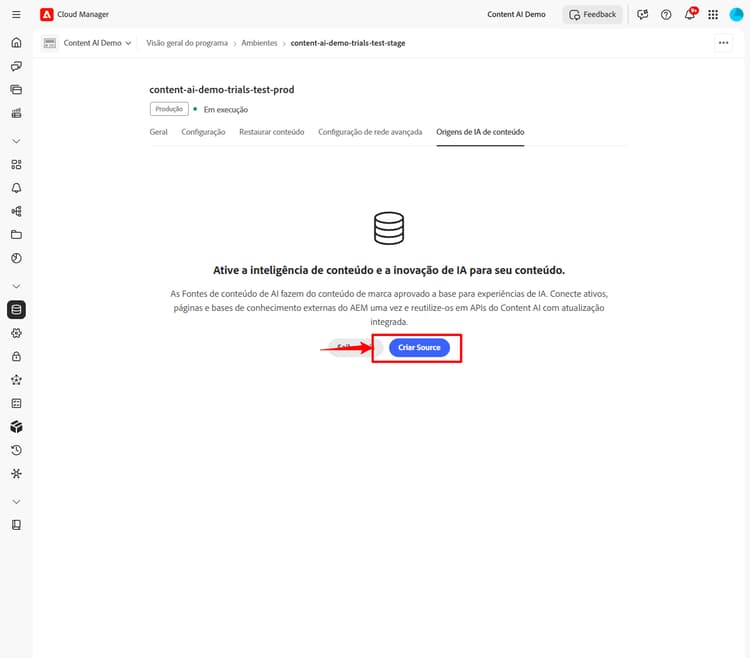 Guia Configuração da IA de conteúdo mostrando o botão Criar fonte