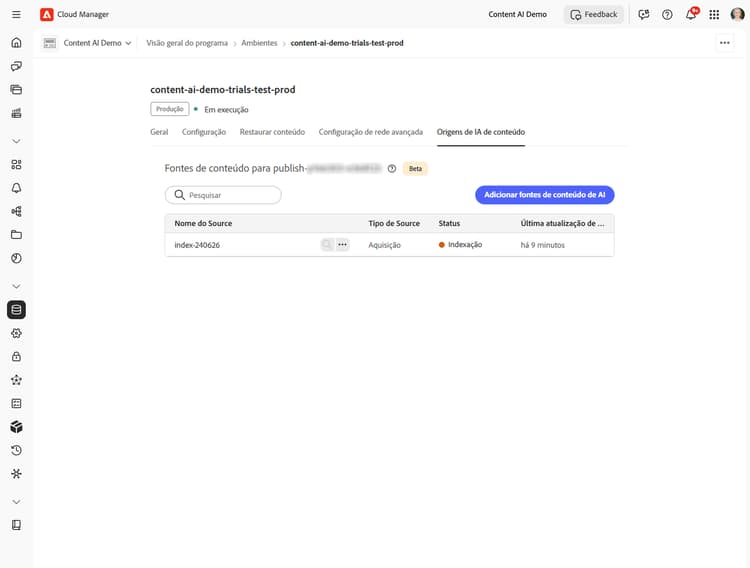 Lista de Fontes de conteúdo mostrando o status de Indexação