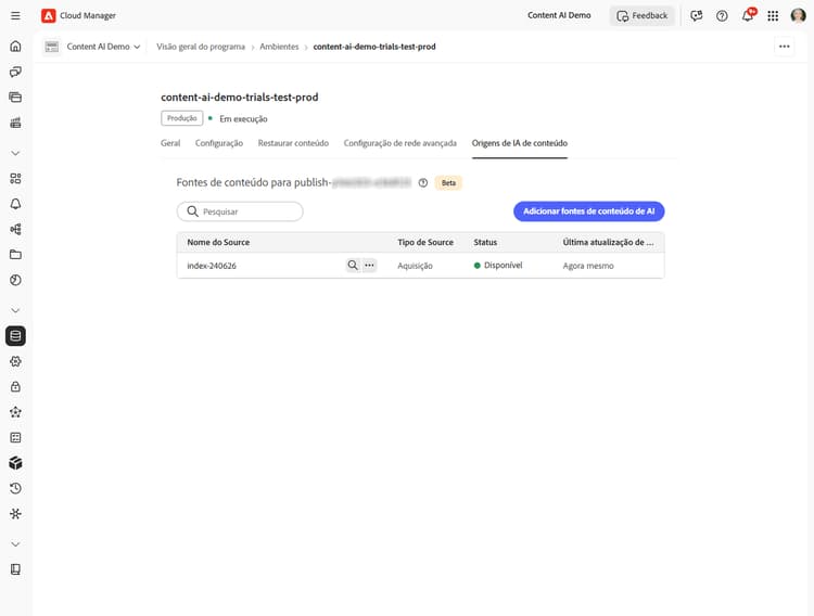 Lista de Fontes de conteúdo mostrando o status Disponível