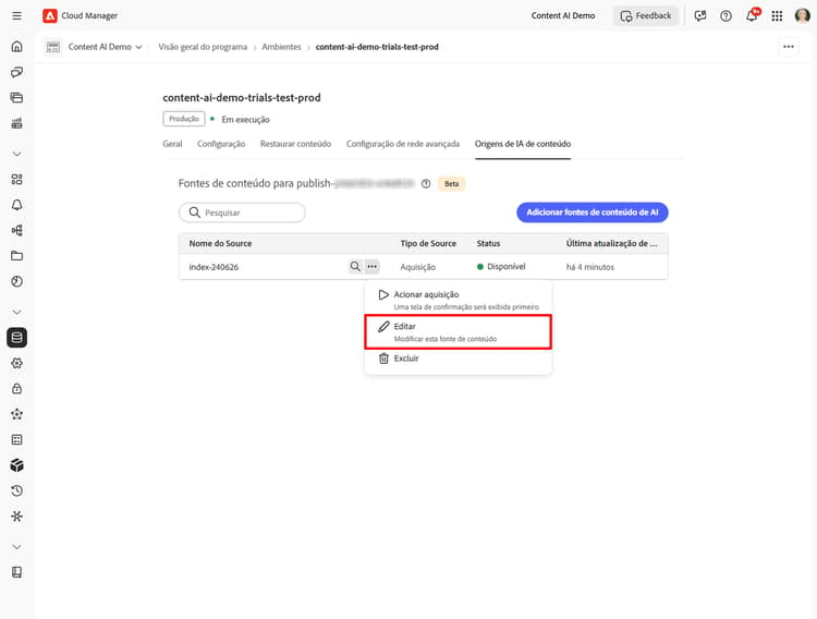 Lista de Fontes de conteúdo com o menu de mais ações aberto e a opção Editar destacada