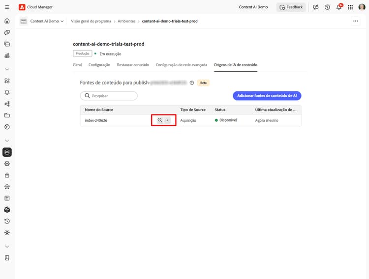 Lista de fontes de conteúdo com o ícone de pesquisa realçado em uma fonte disponível