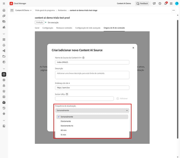 Lista suspensa de frequência de atualização mostrando as opções disponíveis
