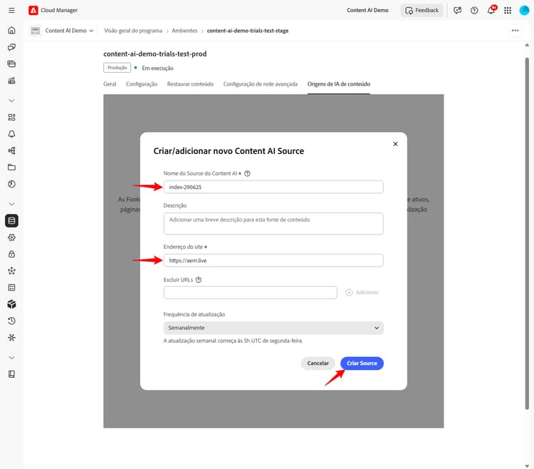 Caixa de diálogo Criar fonte da IA de conteúdo com os campos de nome e endereço do site preenchidos e o botão Criar fonte destacado