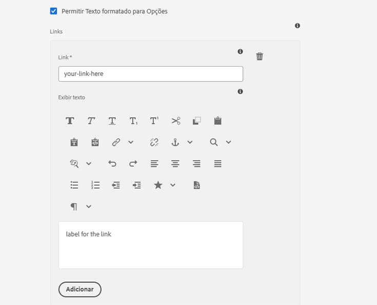 Suporte a rich text para opções