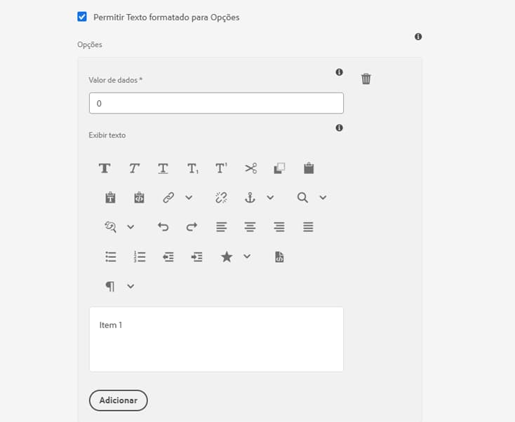 Suporte a rich text para opções