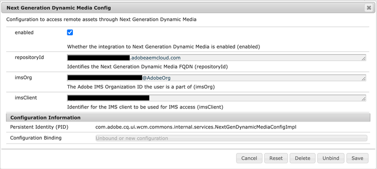 A janela de configuração OSGi do Dynamic Media de última geração