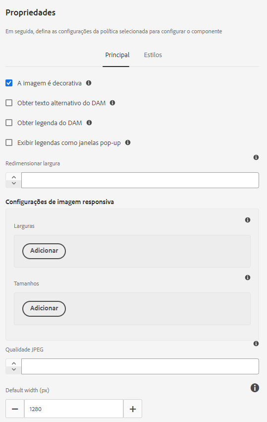 Guia principal da caixa de diálogo de design do componente de imagem