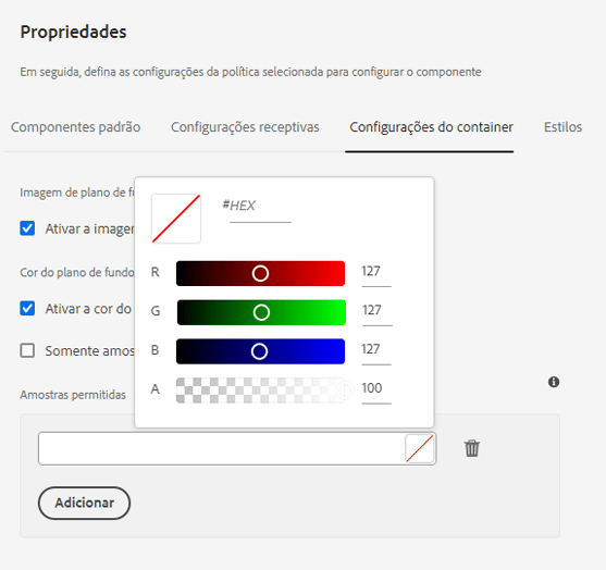 Guia Configurações do container da caixa de diálogo de design do Componente de container de email