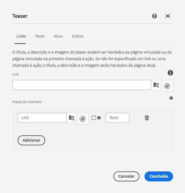 Guia de links para a caixa de diálogo de edição do Componente de teaser de email