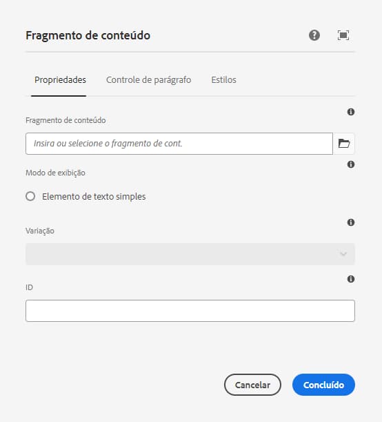 Componente Fragmento de conteúdo de email