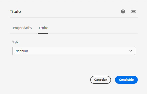 Guia Estilos da caixa de diálogo de edição do componente de título