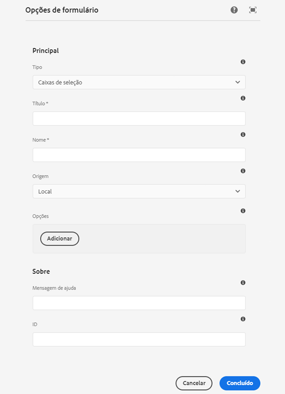 Caixa de diálogo de edição do componente Opções de formulário