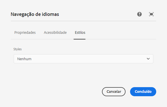 Guia Estilos da caixa de diálogo de edição do componente de navegação por idiomas