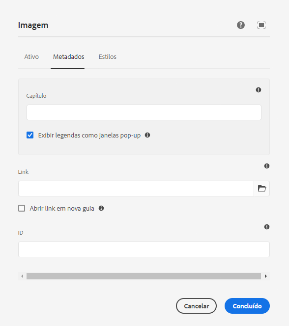 Guia Metadados da caixa de diálogo de configuração do componente de Imagem