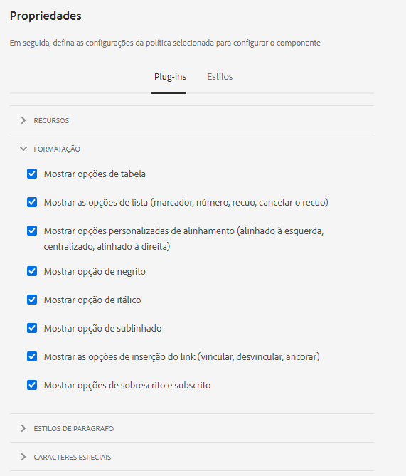 Formatação da caixa de diálogo de design