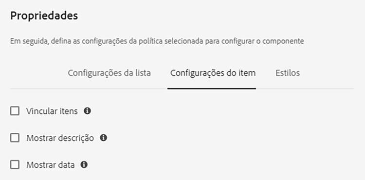 Configuração da lista da caixa de diálogo de design do componente de Lista