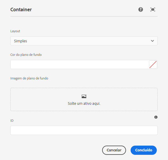 Caixa de diálogo de edição do componente de Contêiner